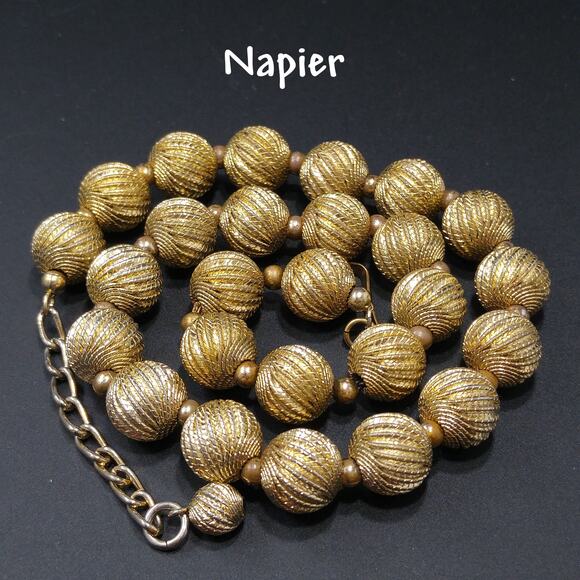 Napier Jewelry - Vintage Napier Gold Textured Bead Necklace 1950s Signed 17”